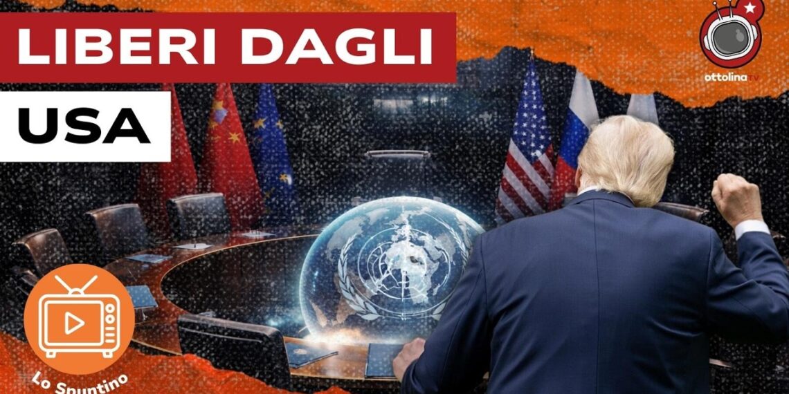Tavola rotonda dell'ONU vuota. Donald Trump di spalle in primo piano