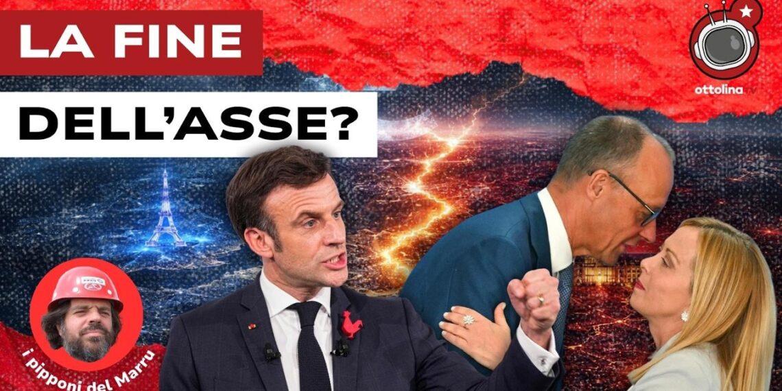 Torre Eiffel. Emmanuel Macron, Friedrich Merz e Giorgia Meloni che flirtano in primo piano