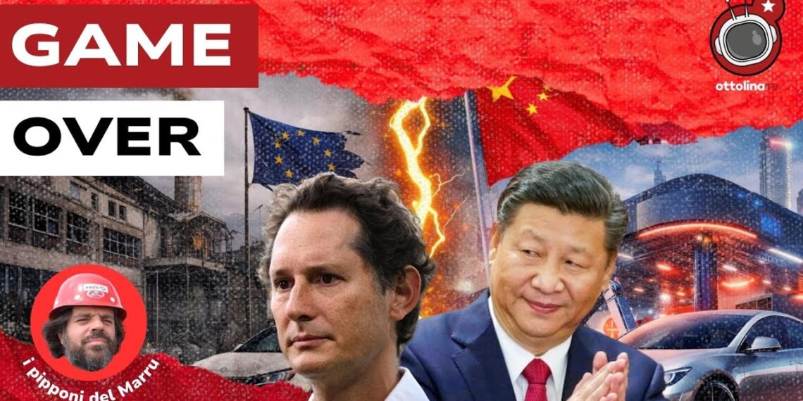 Un fulmine divide un paesaggio industriale europeo che sta crollando e una fabbrica modernissima cinese. John Elkann e Xi Jinping in primo piano