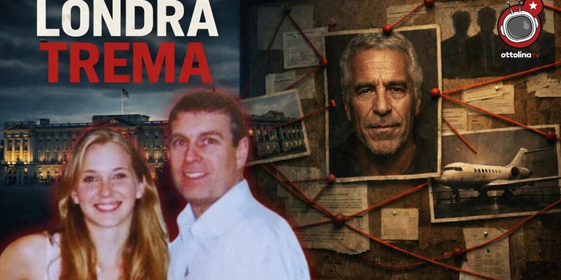 Virginia Giuffre e il principe Andrea con Buckingham palace sullo sfondo a destra. A sinistra, la bacheca degli Epstein files