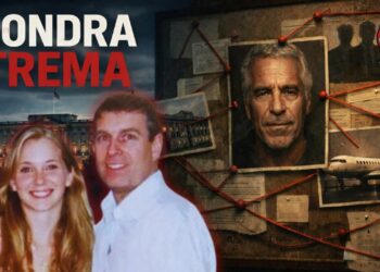 Virginia Giuffre e il principe Andrea con Buckingham palace sullo sfondo a destra. A sinistra, la bacheca degli Epstein files