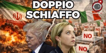 A sinistra bandiera iraniana e Donald Trump spettinato. A destra vittoria del no al referendum costituzionale e Giorgia Meloni stralunata