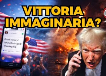 A sinistra i simboli della vittoria sull'Iran spacciati per veri all'America. A destra Donald Trump furioso e invecchiato con alle spalle lo Stretto di Hormuz in fiamme