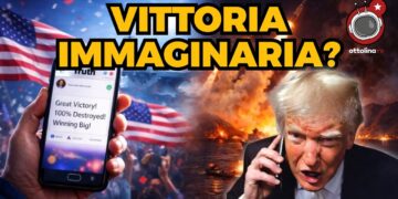 A sinistra i simboli della vittoria sull'Iran spacciati per veri all'America. A destra Donald Trump furioso e invecchiato con alle spalle lo Stretto di Hormuz in fiamme