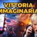 A sinistra i simboli della vittoria sull'Iran spacciati per veri all'America. A destra Donald Trump furioso e invecchiato con alle spalle lo Stretto di Hormuz in fiamme