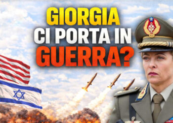 A sinistra le bandiere di USA e Israele. In centro tre missili in volo. A destra Giorgia Meloni in divisa militare