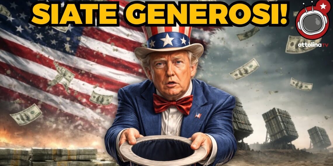 A sinistra mazzette di dollari e bandiera USA. A destra scenario di guerra. Donald Trump vestito da zio Sam in primo piano