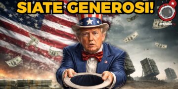 A sinistra mazzette di dollari e bandiera USA. A destra scenario di guerra. Donald Trump vestito da zio Sam in primo piano