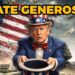 A sinistra mazzette di dollari e bandiera USA. A destra scenario di guerra. Donald Trump vestito da zio Sam in primo piano