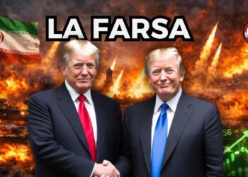 A sinistra, scenario che evoca il conflitto in Iran. A destra, listini di borsa in rialzo. Due Donald Trump si stringono la mano in primo piano