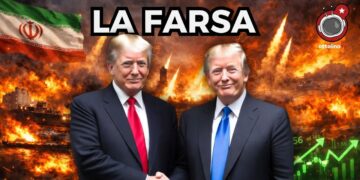 A sinistra, scenario che evoca il conflitto in Iran. A destra, listini di borsa in rialzo. Due Donald Trump si stringono la mano in primo piano