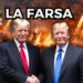 A sinistra, scenario che evoca il conflitto in Iran. A destra, listini di borsa in rialzo. Due Donald Trump si stringono la mano in primo piano