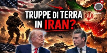 A sinistra truppe di terra ed elicotteri sovrastati dalla bandiera USA. A destra mappa dell'Iran caratterizzata dalla bandiera. Donald Trump e Pete Hegseth in primo piano