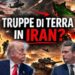 A sinistra truppe di terra ed elicotteri sovrastati dalla bandiera USA. A destra mappa dell'Iran caratterizzata dalla bandiera. Donald Trump e Pete Hegseth in primo piano