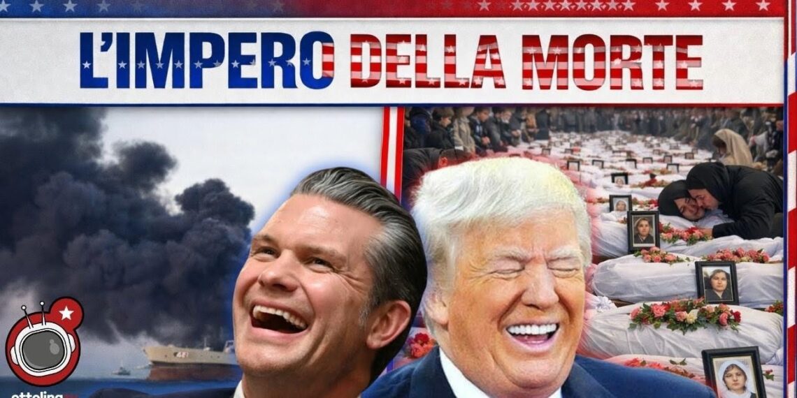 A sinistra una nave in fiamme, a destra i funerali delle bambine uccise in Iran. In primo piano Pete Hegseth e Donald Trump che ridono