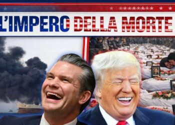 A sinistra una nave in fiamme, a destra i funerali delle bambine uccise in Iran. In primo piano Pete Hegseth e Donald Trump che ridono