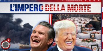 A sinistra una nave in fiamme, a destra i funerali delle bambine uccise in Iran. In primo piano Pete Hegseth e Donald Trump che ridono