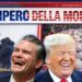 A sinistra una nave in fiamme, a destra i funerali delle bambine uccise in Iran. In primo piano Pete Hegseth e Donald Trump che ridono