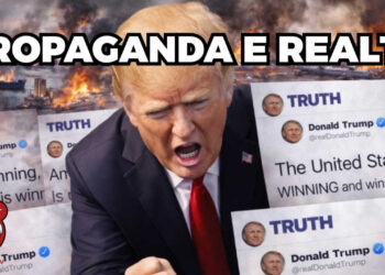 Alcuni post di Truth di Donald Trump. Sullo sfondo lo Stretto di Hormuz. Donald Trump in primo piano