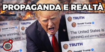 Alcuni post di Truth di Donald Trump. Sullo sfondo lo Stretto di Hormuz. Donald Trump in primo piano