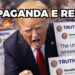 Alcuni post di Truth di Donald Trump. Sullo sfondo lo Stretto di Hormuz. Donald Trump in primo piano
