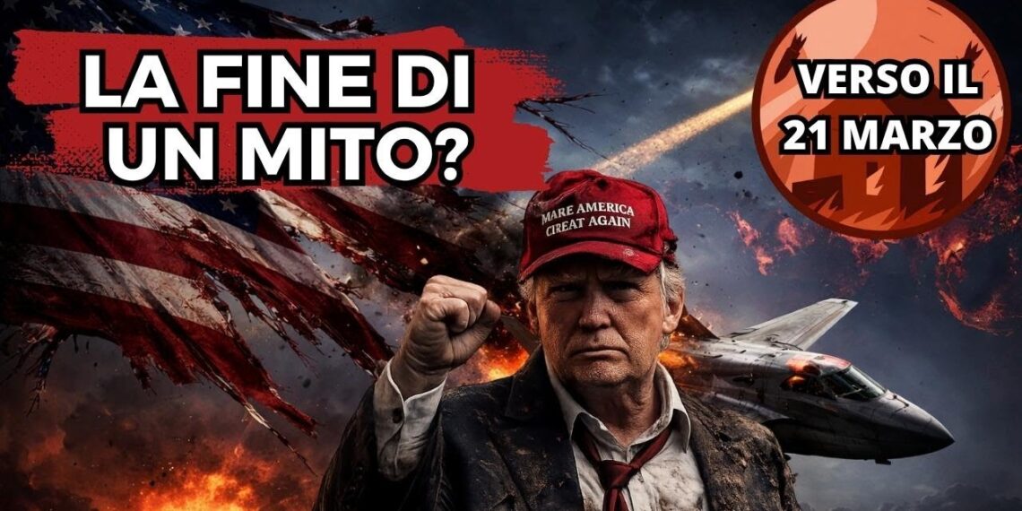Bandiera USA stracciata da un aereo da guerra. Donald Trump con il cappellino MAGA e il pugno alzato in primo piano