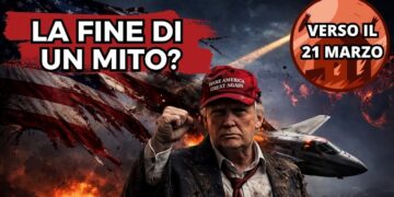 Bandiera USA stracciata da un aereo da guerra. Donald Trump con il cappellino MAGA e il pugno alzato in primo piano