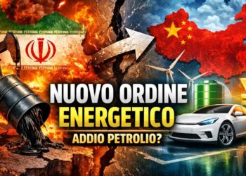 Bandiera dell'Iran con pozzo di petrolio a sinistra. Bandiera cinese e energie rinnovabili a destra