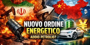 Bandiera dell'Iran con pozzo di petrolio a sinistra. Bandiera cinese e energie rinnovabili a destra