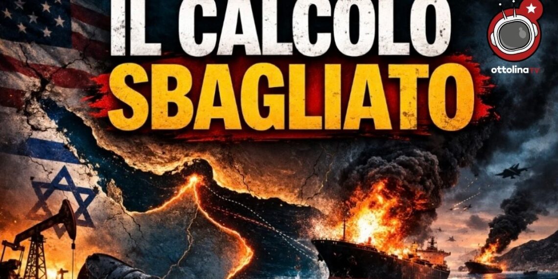 Bandiere USA e israeliana, pozzi di petrolio, petroliera in fiamme e aerei da guerra che bombardano