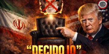 Bandiere di Iran e USA di fianco a una poltrona vuota sovrastata da un ritratto di Ali Khamenei con una X che lo cancella. Donald Trump impositivo con l'indice puntato sulla poltrona in primo piano