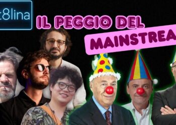 Copertina di Bett8lina con Giuliano Marrucci, Tony da Milano, Karem Rohana, Davide Jin a sinistra e Paolo Mieli, Carlo Calenda e Mario Sechi con naso e cappello da clown a destra
