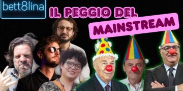 Copertina di Bett8lina con Giuliano Marrucci, Tony da Milano, Karem Rohana, Davide Jin a sinistra e Paolo Mieli, Carlo Calenda e Mario Sechi con naso e cappello da clown a destra