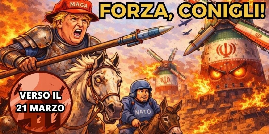 Disegno con Donald Trump cavalca un destriero indossando l'armatura, con a fianco un omuncolo con l'elmetto della NATO a cavallo di un asino e due mulini a vento con le pale a forma di missili e decorati con bandiere iraniane