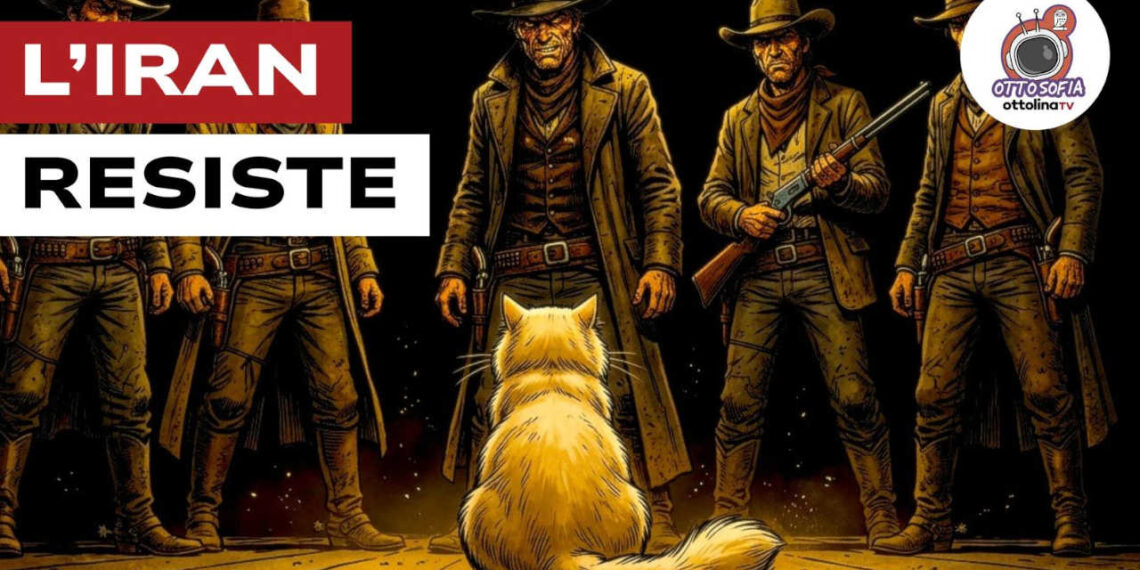 Disegno di un gruppo di cowboy armati che minaccia un gatto di spalle