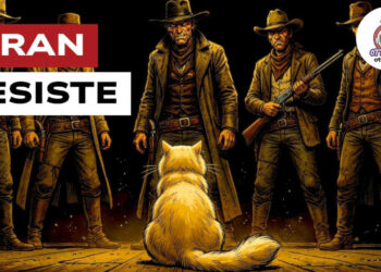 Disegno di un gruppo di cowboy armati che minaccia un gatto di spalle