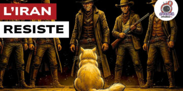 Disegno di un gruppo di cowboy armati che minaccia un gatto di spalle