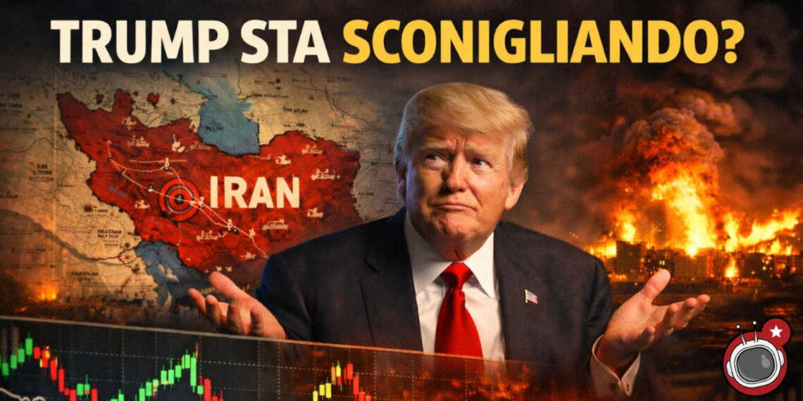 Donald Trump allarga le braccia circondato dalla mappa dell'Iran, esplosioni in una città e indici di Borsa