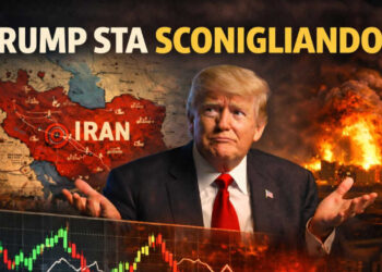 Donald Trump allarga le braccia circondato dalla mappa dell'Iran, esplosioni in una città e indici di Borsa