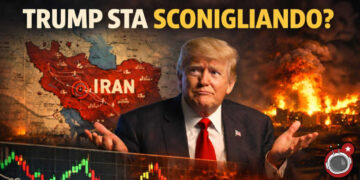 Donald Trump allarga le braccia circondato dalla mappa dell'Iran, esplosioni in una città e indici di Borsa