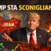 Donald Trump allarga le braccia circondato dalla mappa dell'Iran, esplosioni in una città e indici di Borsa