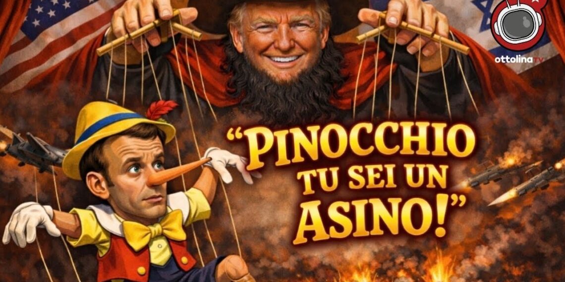 Donald Trump burattinaio regge i fili della marionetta di Emmanuel Macron vestito da Pinocchio