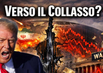 Donald Trump che urla in primo piano. Scenario che evoca il collasso delle Borse
