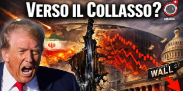 Donald Trump che urla in primo piano. Scenario che evoca il collasso delle Borse