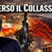 Donald Trump che urla in primo piano. Scenario che evoca il collasso delle Borse