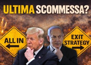 Donald Trump e Benjamin Netanhyau fra due cartelli stradali che indicano All In e Exit Strategy all'opposto