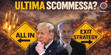 Donald Trump e Benjamin Netanhyau fra due cartelli stradali che indicano All In e Exit Strategy all'opposto