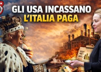 Donald Trump vestito da re riceve banconote dalle mani di Giorgia Meloni