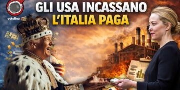 Donald Trump vestito da re riceve banconote dalle mani di Giorgia Meloni