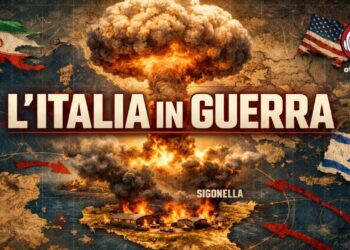 Immagine che evoca un'esplosione a Sigonella, attorniata dalle bandiere di IRan, USA e Israele